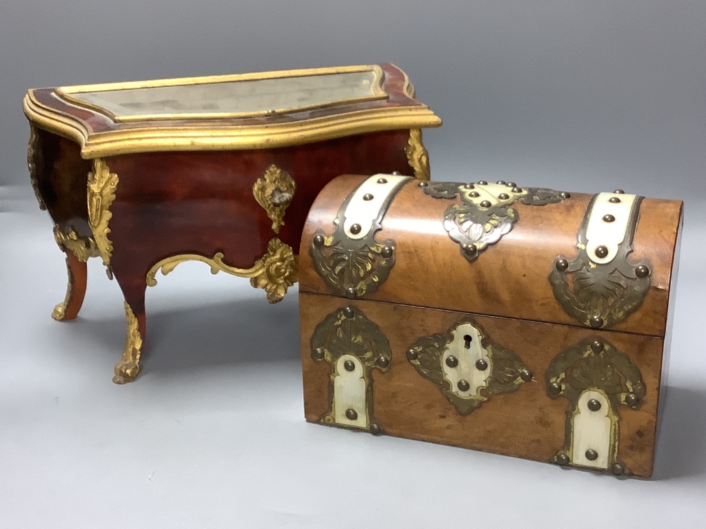 A tortoiseshell and ormolu jewellery casket, modelled in the form of a French commode and a Victorian brass-mounted walnut tea caddy, largest 31cm